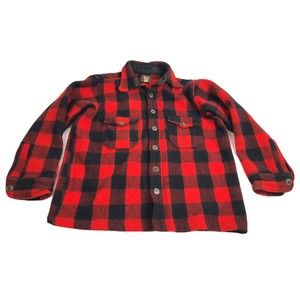 Vintage Woolrich Wool Shirt Jacket Size 17 Red Buffalo Plaid 40s 50s Made in USA